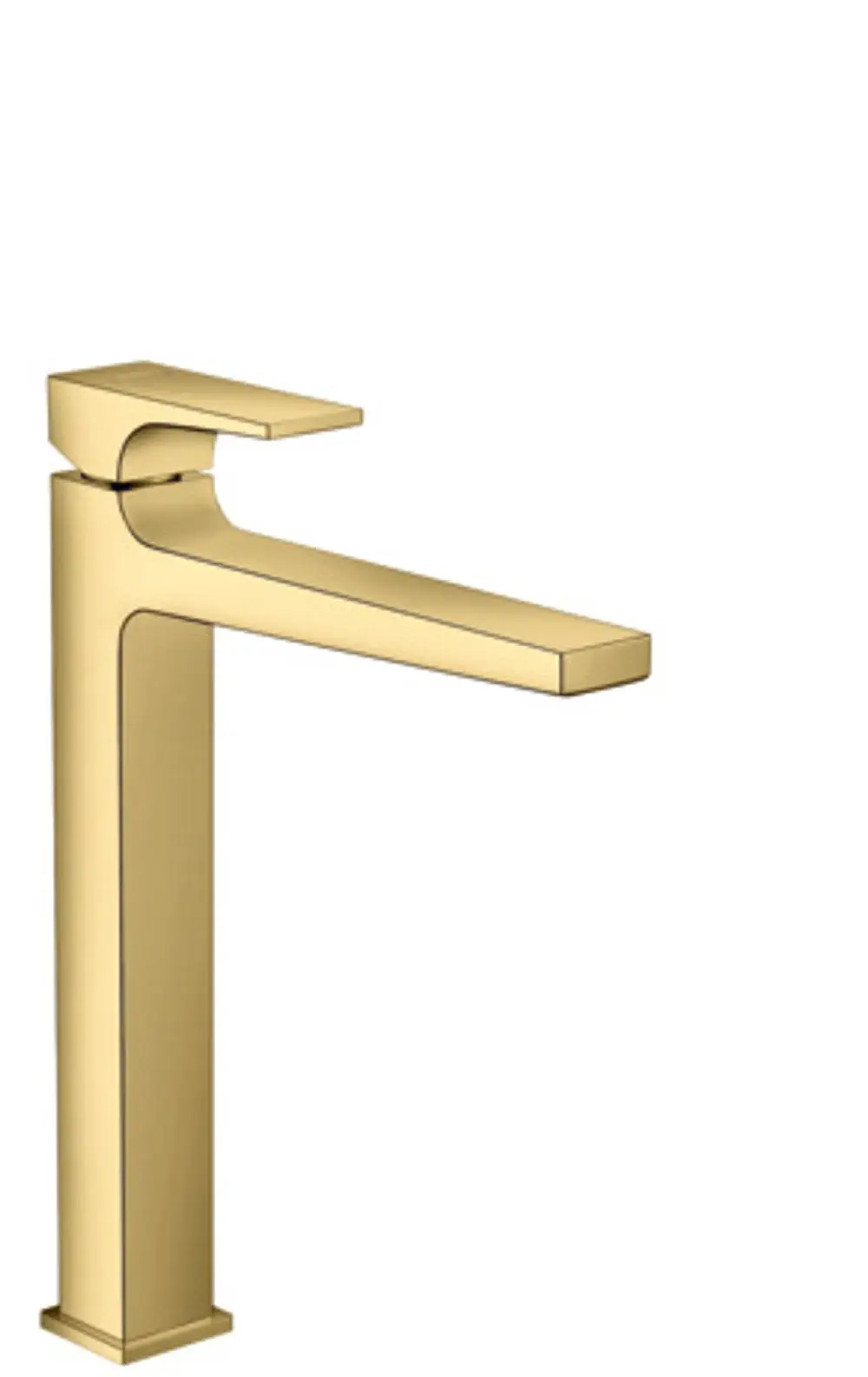Ein goldfarbener Einhebel-Waschtischmischer von Hansgrohe mit schräg abfallendem Wasserfluss und einem rechteckigen Hebelgriff. Passend für Aufsatzwaschtische.